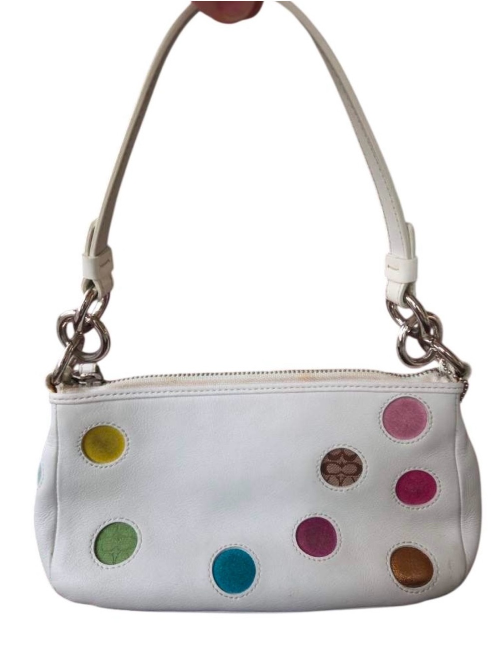 Vintage Coach White Leather Shoulder Bag with Multicolor Polka Dots Y2K